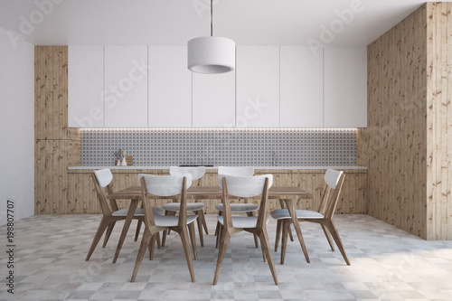 Wooden and gray wall pattern kitchen interior