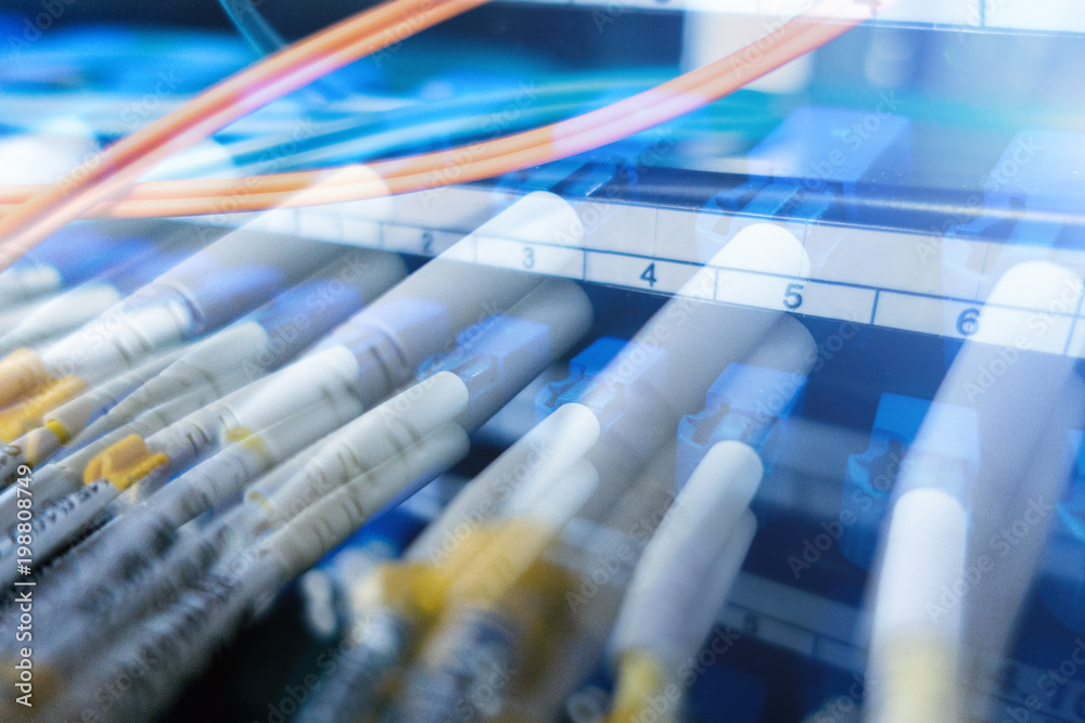 Close up fiber optic cable. Fiber optic equipment in a data center ...