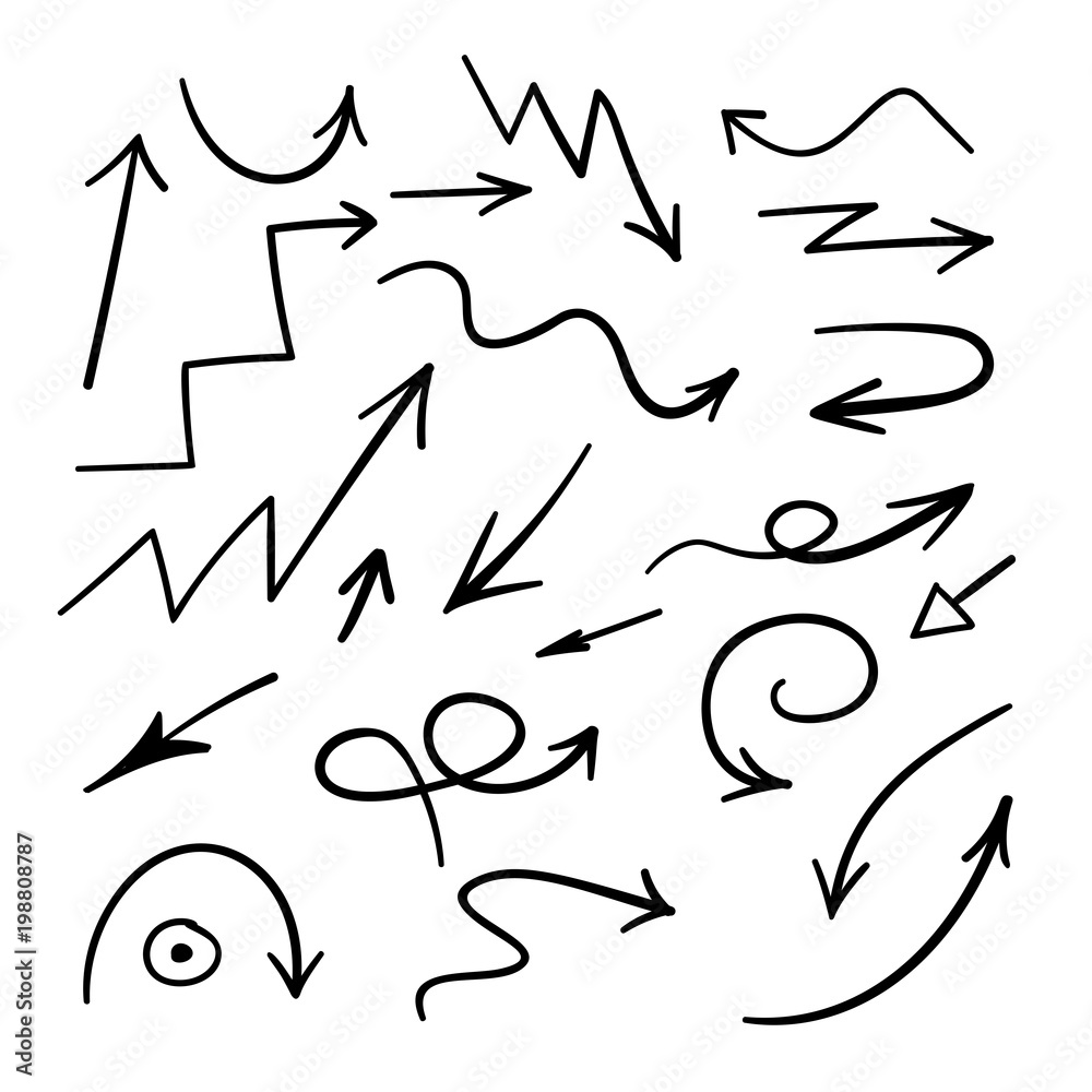 Set of black hand drawn arrows isolated on white background. Vector graphic abstract element. Set of black hand drawn arrows isolated on white background. Vector graphic abstract element.