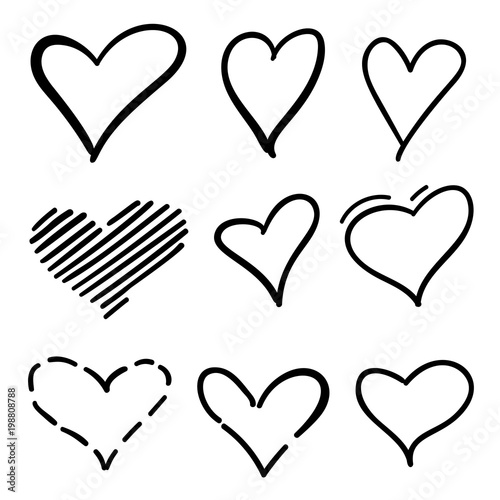 Set of outline hand drawn heart icon.Hand drawn doodle grunge hearts vector   set. Rough marker hearts isolated on white background. Vector heart   collection. Illustration for your graphic design.