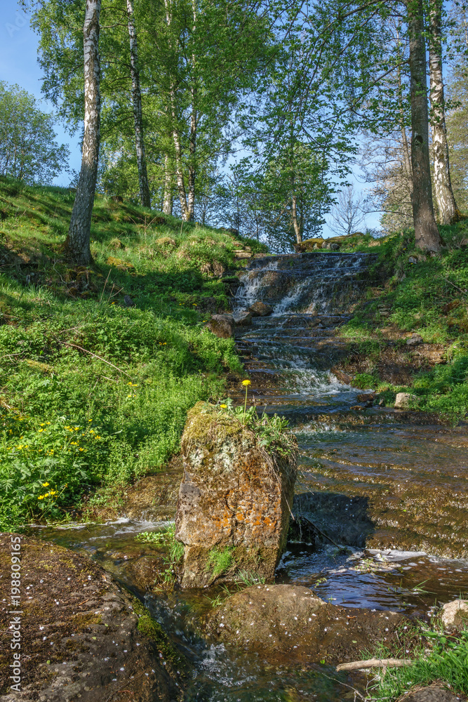 Stream and a waterfall in a ravine at summer Stream and a waterfall in a ravine at summer