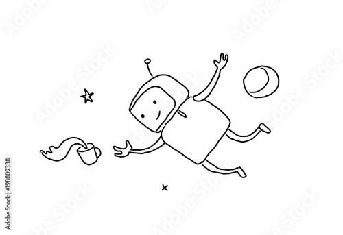 Sketch character weightlessness in outer space. The robot lost a cup of coffee zero gravity. 404 error not page. Hand drawn black line vector illustration.