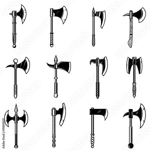 Set of medieval axes isolated on white background. Design element for logo, label, emblem, sign.