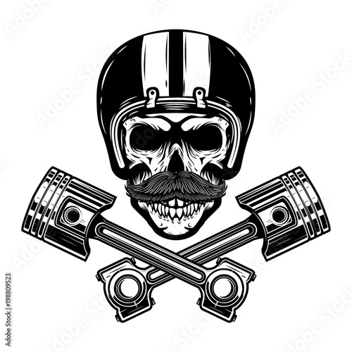 Racer skull with crossed pistons. Design element for emblem, sign, poster, t shirt.