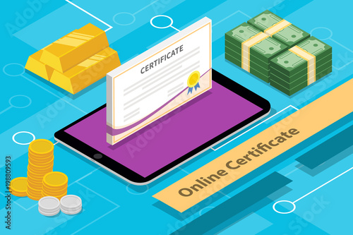 online certification concept isometric 3d with apps tablet and money
