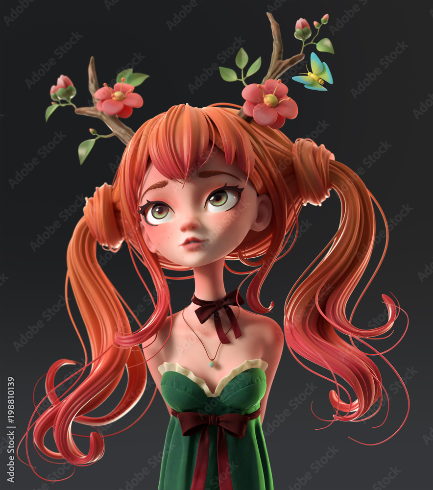 3d cartoon character red-haired girl in a green dress with her hands behind  her back.