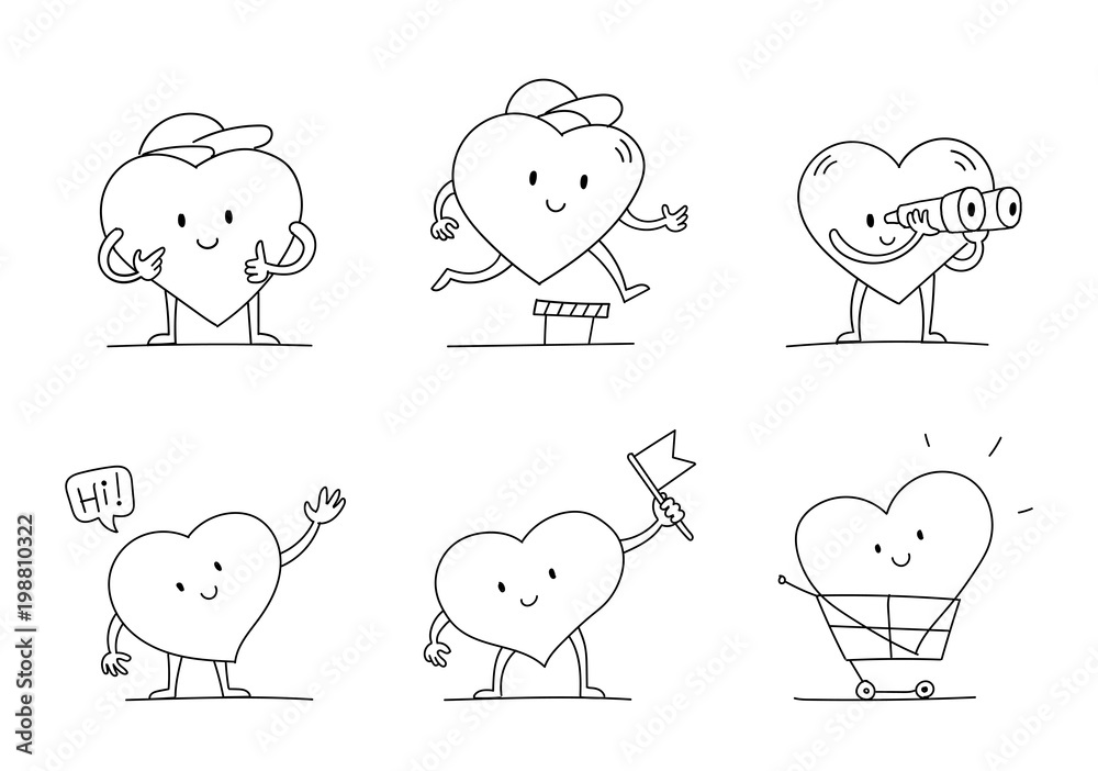 Obraz premium My Favorites character set. Heart with legs, hands and face sketch. With the flag. Funny and cute. Hand drawn black line vector illustration.