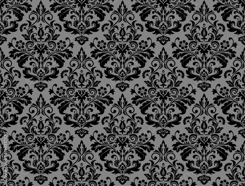 Wallpaper in the style of Baroque. A seamless vector background. Black floral ornament. Graphic vector pattern