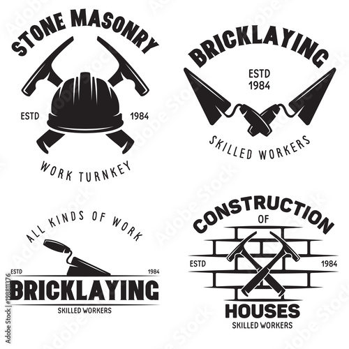 Set of vintage construction and bricklaying labels. Posters, stamps, banners and design elements. Vector illustration