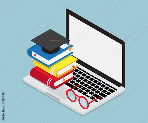 online education concept laptop with books and mortar board cap isometric