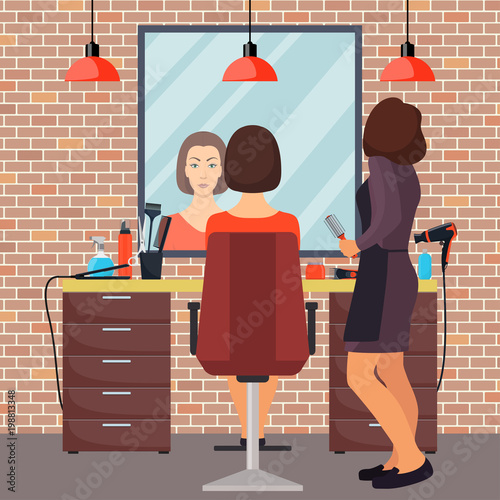 Hairdresser and woman client in beauty hairdressing salon in loft style. Chair, mirror, table, hairdressing tools, cosmetic products for hair care. Barber shop interior. Flat vector illustration.