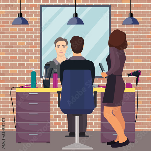 Hairdresser and man client in beauty hairdressing salon in loft style. Chair, mirror, table, hairdressing tools, cosmetic products for hair care. Barber shop interior. Flat vector illustration.