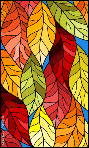 Illustration in stained glass style with colorful leaves on blue background
