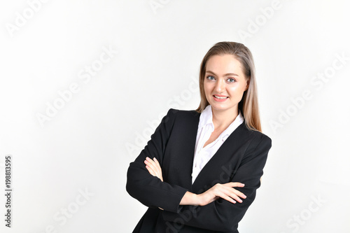 Business Concept. Beautiful businesswoman poses confidently. Beautiful young businesswoman looks charming and trustworthy. Young businesswoman has leadership on a white background.