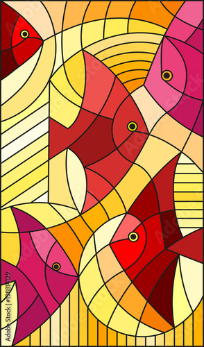 Illustration in stained glass style abstract fish,vertical image, warm red and yellow hues