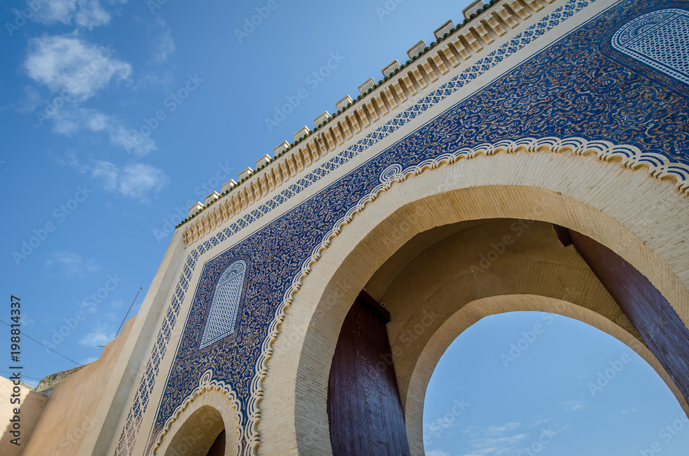 FEZ, MOROCCO - Februari 25, 2018: gate of the city Fez. with mosiac and blue colors.