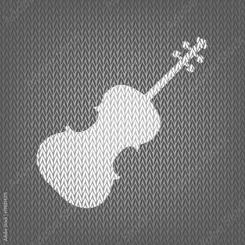Violin sign illustration. Vector. White knitted icon on gray kni