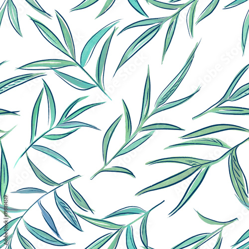2d hand drawn watercolor seamless background with charcoal sketch over. Colorful yucca or laurus branch with leaves illustration. Pattern for textile, wrapping, branding, invitations. Isolated on whit © Evorona
