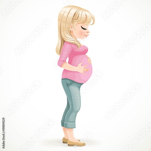 Cute pregnant  blond woman standing in the profile on a white background