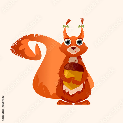 Cute squirrel with big eyes holding a acorn in paws. Vector illustration