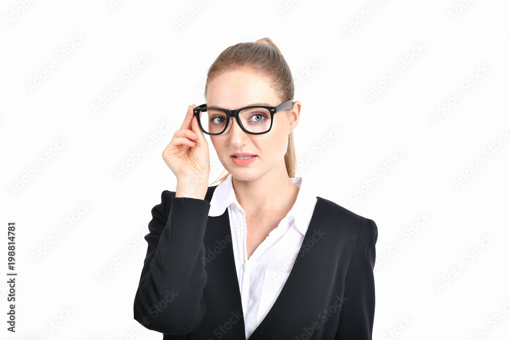 Business Concept. Beautiful businesswoman poses confidently. Beautiful young businesswoman looks charming and trustworthy. Young businesswoman has leadership on a white background.