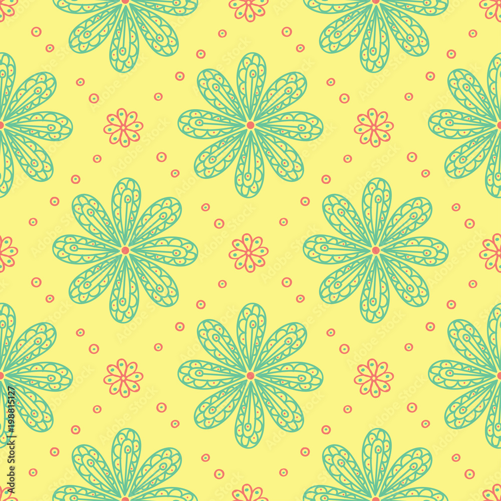 Seamless pattern with floral design. Bright yellow background with pink and green flower elements