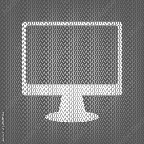 Monitor with brush sign. Vector. White knitted icon on gray knit