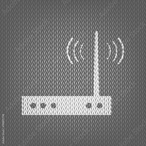 Wifi modem sign. Vector. White knitted icon on gray knitted back