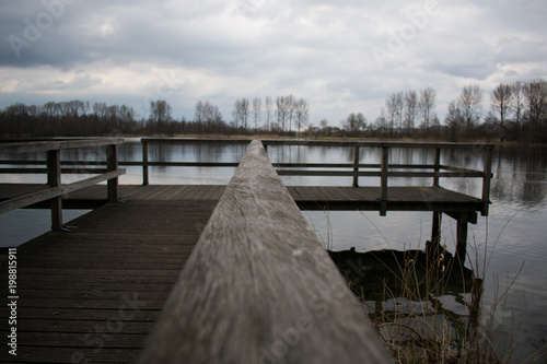 Wood Jetty by the Water Sky Clouds Pier Lake Trees Forest