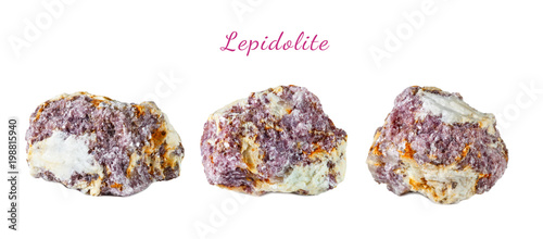 Macro shooting of natural gemstone. Raw mineral lepidolite, Madagascar. Isolated object on a white background. photo