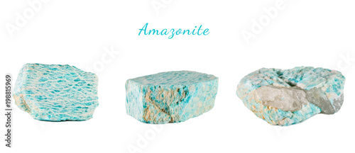 Macro shooting of natural gemstone. Raw mineral amazonite. Isolated object on a white background.