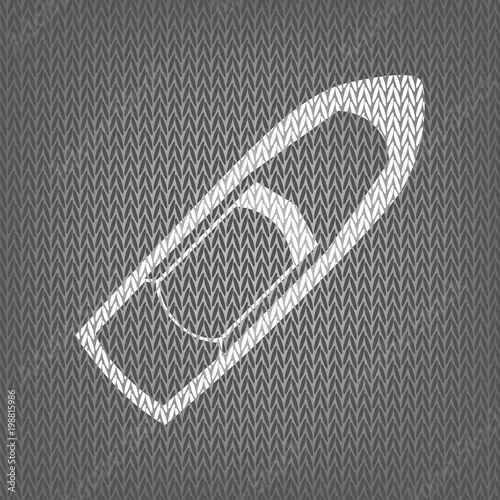 Boat sign. Vector. White knitted icon on gray knitted background
