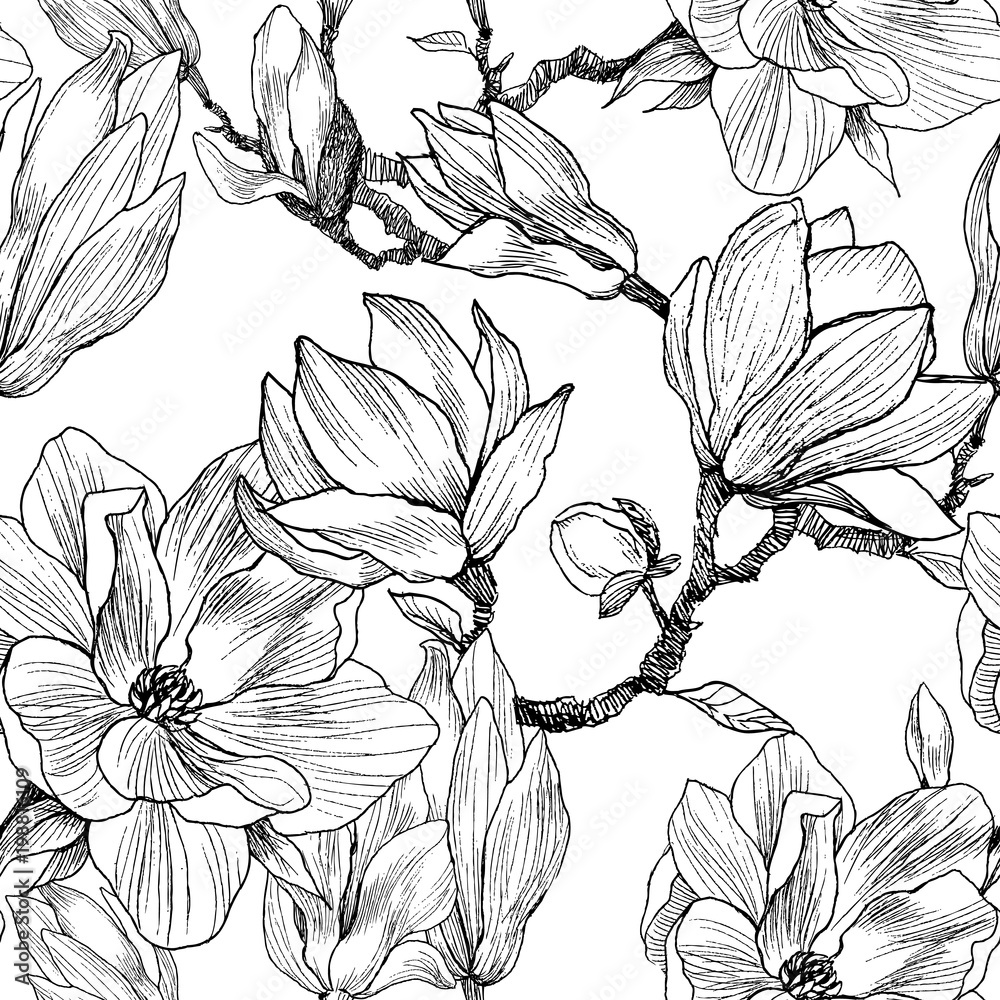 Naklejka premium Ink, pencil, the leaves and flowers of Magnolia. Seamless pattern background. Hand drawn nature painting. Freehand sketching illustration