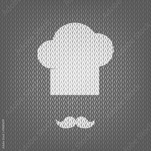 Chef hat and moustache sign. Vector. White knitted icon on gray 