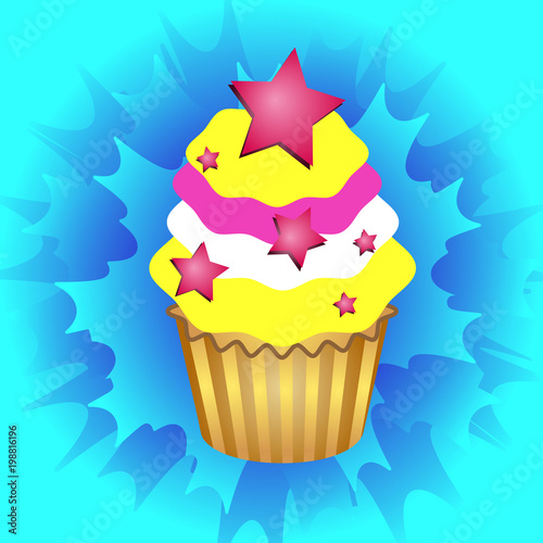 Delicious cake with candy on blue background.