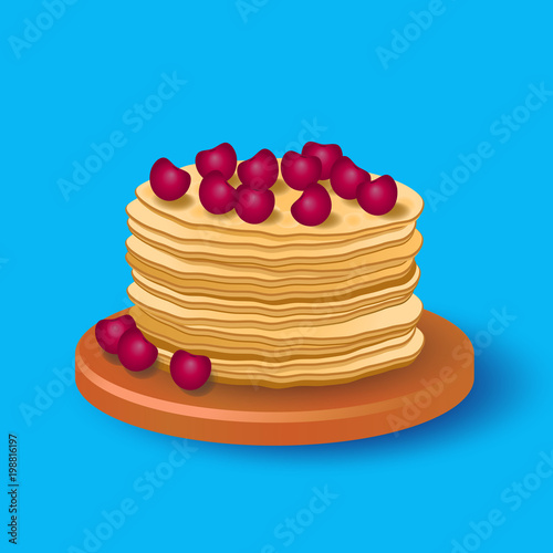 A stack of delicious delicious pancakes with cherries.