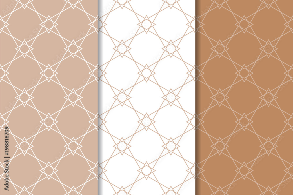 Fototapeta premium Set of geometric ornaments. Brown and white seamless patterns