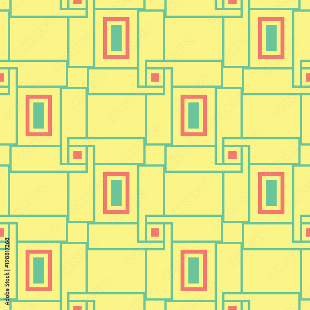 Seamless pattern with geometric green and pink elements. Yellow multi colored background Seamless pattern with geometric green and pink elements. Yellow multi colored background