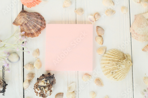 pink sheet to record and seashells on a wooden background.Travel background