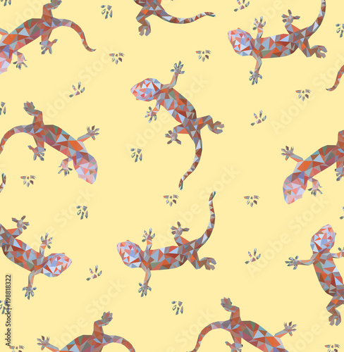 pattern of Low poly colorful gecko and footprint with pink back ground animal geometric Abstract vector.