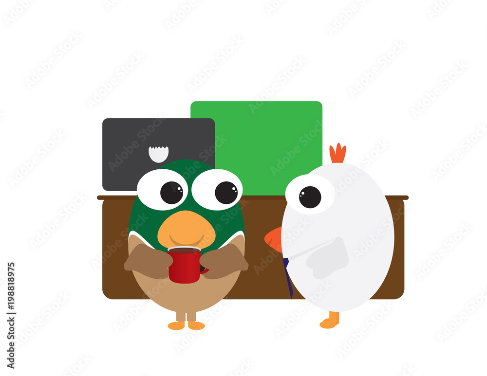 Fototapeta premium Chicken and duck in office interior vector illustration