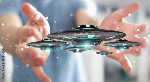 Fototapeta Naklejka Na Ścianę i Meble -  Businessman with retro UFO spaceship 3D rendering