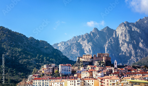 Corte, a beautiful city in the mountains on the island of Corsica, a view of the city and the mountains