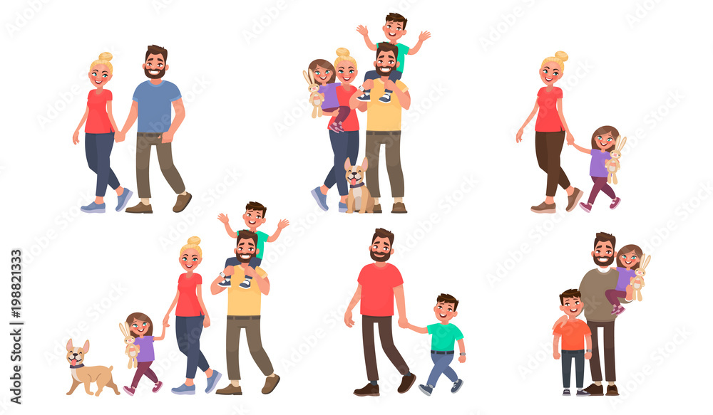 Set of family portraits. Walking outdoors in the park. Couple, father and son, mother and daughter, and all together. Vector illustration