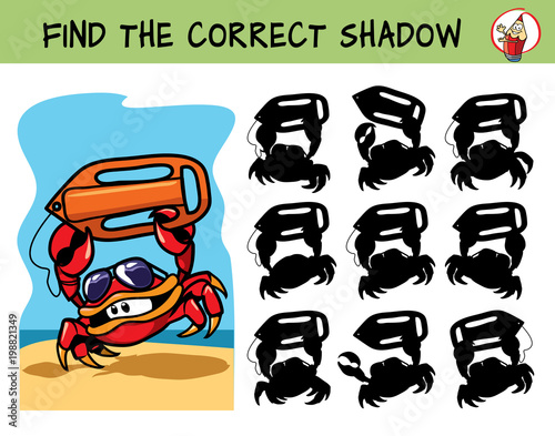 Beach Lifeguard crab with buoy and sunglasses hurries to the rescue. Find the correct shadow. Educational matching game for children. Cartoon vector illustration