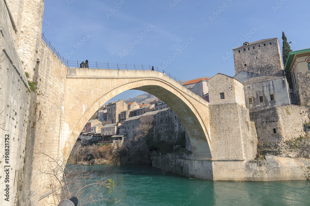 Stari Most (Old Bridge reconstructed) on the bridge landscape city of Mostar in Bosnia herzegovina.