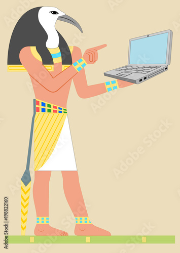 Ancient Egypt God Thoth with notebook. Vector in the proportion of an international postcard. Several layers, all the details are separate.