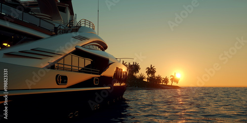 Extremely detailed and realistic high resolution 3D illustration of a Super Yacht approaching a tropical Island with palms