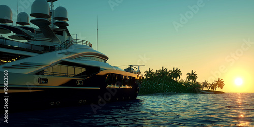 Extremely detailed and realistic high resolution 3D illustration of a Super Yacht approaching a tropical Island with palms photo