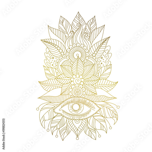 Golden hand drawn oriental isolated ornament in boho style, line art. Indian mehendi tattoo with magical eye and leaves, floral elements. Vector illustration.